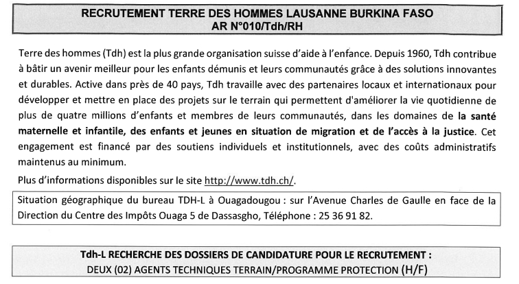 Recrutement DEUX 02 GENTS TECHNIQUES TERRAIN PROGRAMME PROTECTION